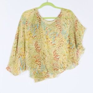 Tiny Anthropologie Pure Silk Poncho Women One Size Green Feather Boho Asymmetric